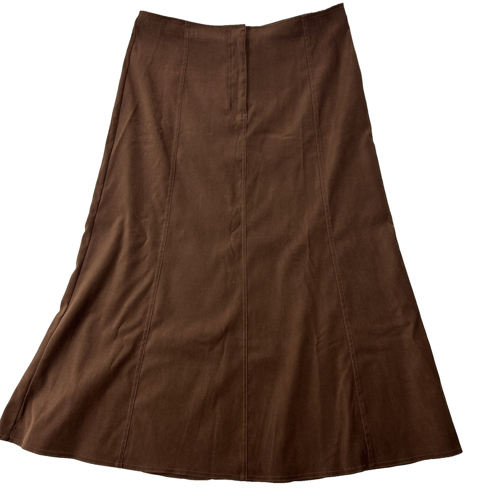 Vtg Microfiber Skirt 12-14 Brown Midi Flared Hem Panel Construction‎ Tea Length